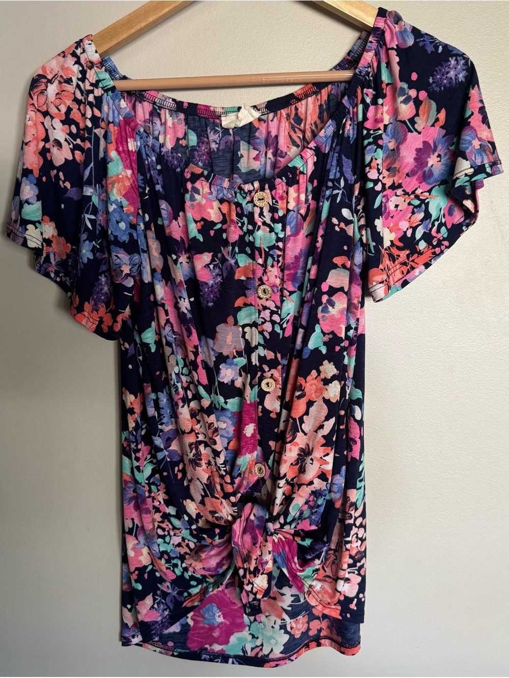 143 Story by Line Up Floral Off Shoulder Knot Front Top Medium Boho